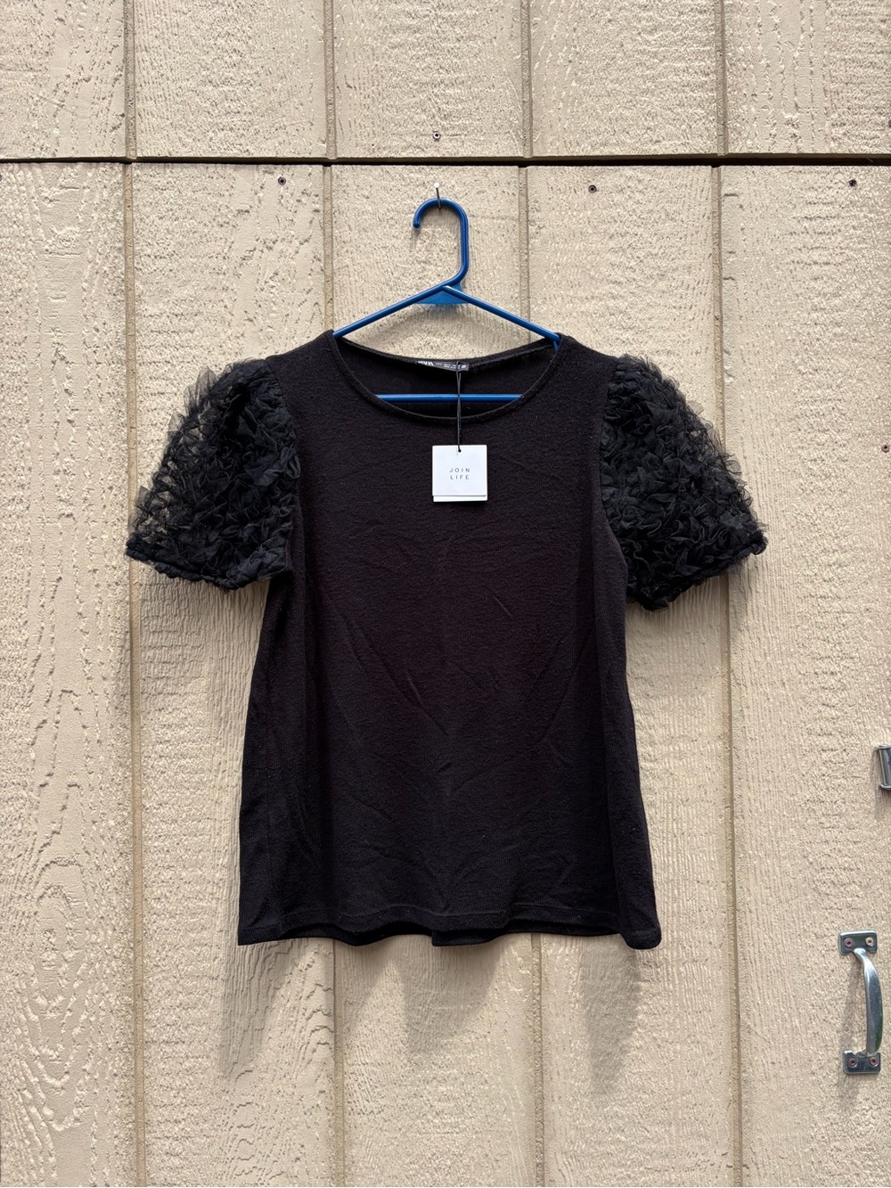 Zara Black Short Sleeve Top with Textured Floral Puff Sleeves - Small